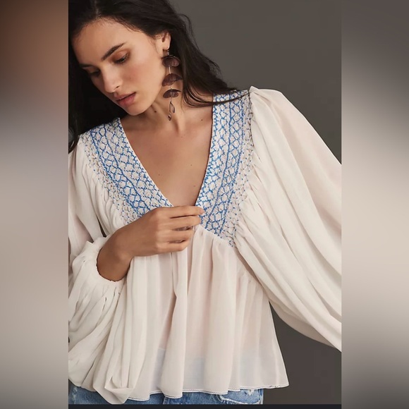 Anthropologie Tops - NWOT Anthropologie Women’s Sheer Smocked Babydoll White Blue Embroidered Top - M